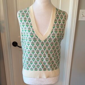 Maeve Cream and Green V-Neck Sweater Vest